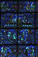 133 Le démon déguisé en femme (dr.) confie une fiole de poison à des pèlerins à l'intention de Saint Nicolas (haut) - Arrivée des pèlerins (g.)