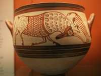 173 - Enkomi à Chypre, Cratère mycénien (1300-1200) Taureau& aigrette